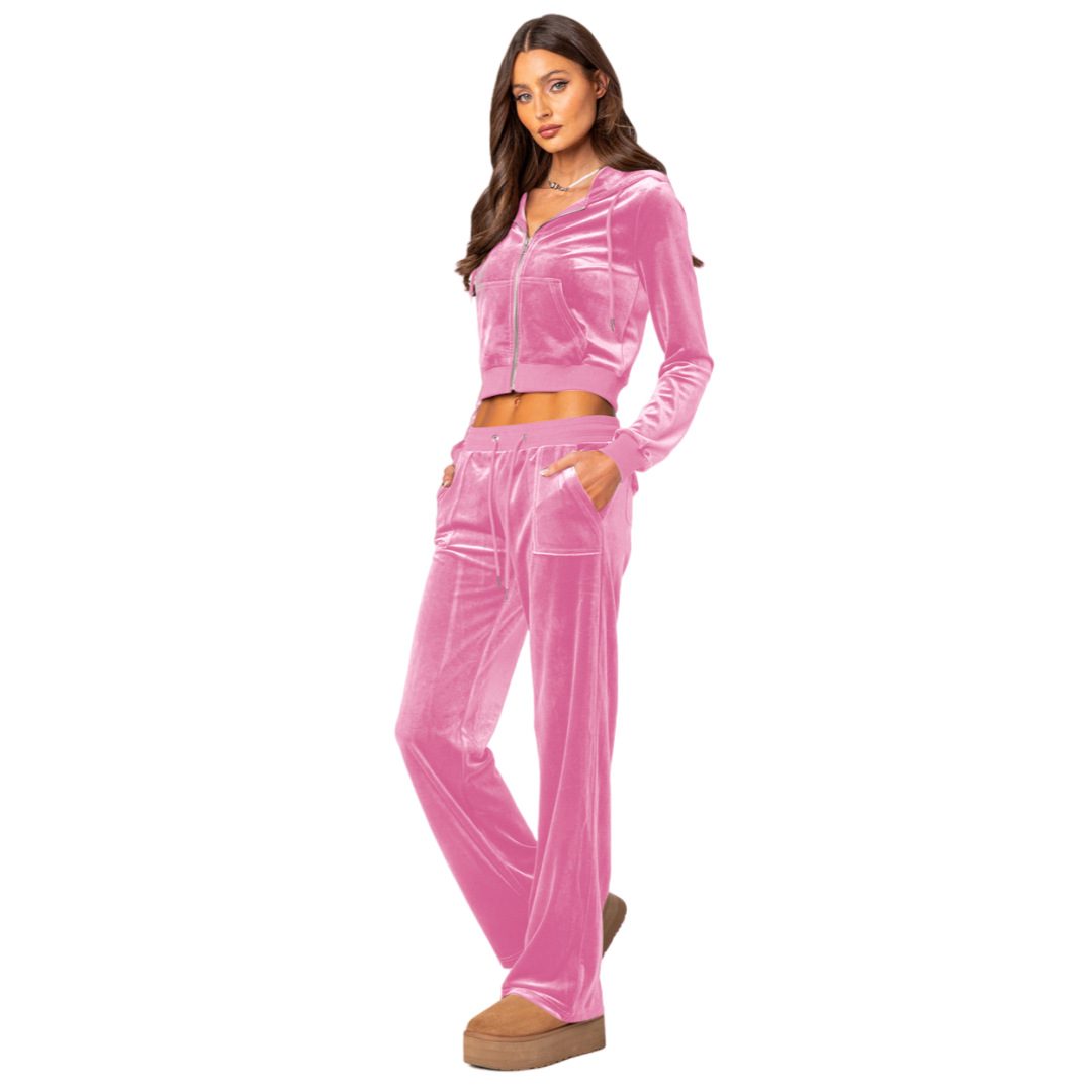 Women Velvet Hooded Sporty Two-Piece Top and Pant