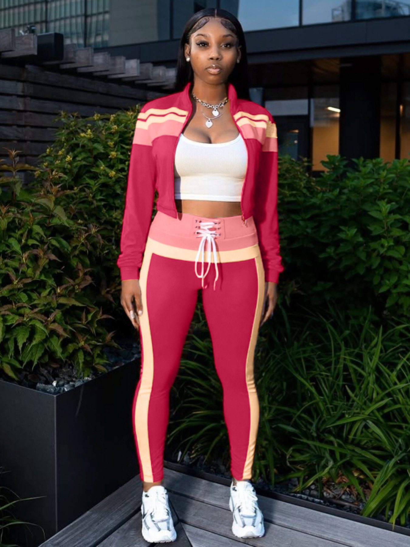 Street Style Color-Block Patchwork Zip-Up Top & Casual Pants Set