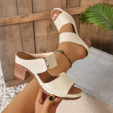 Plus-Size Women Open-Toed Stiletto Slippers with Block Heels and Embossed Patterned Fashion Sandals