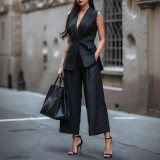 Women's Solid Color Sleeveless Straight-Leg Pantsuit Professional Office Set