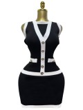 Women elegant button-down colorblock sleeveless single-breasted knitting dress