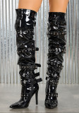 Women Retro Pointed-Toe Boots with Riveted High Heels and Belt Buckle, Punk-Style Over-The-Knee Boots