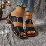 Plus-Size Women Open-Toed Stiletto Slippers with Block Heels and Embossed Patterned Fashion Sandals