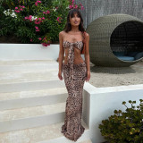 Strapless Leopard Print Bikini & Long Skirt Three-Piece Swimsuit
