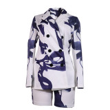 Women Fall/Winter Printed Blazer and Shorts Two-Piece Set