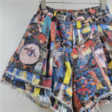 Summer Fashion Printed Distressed Wide-Leg Denim Shorts