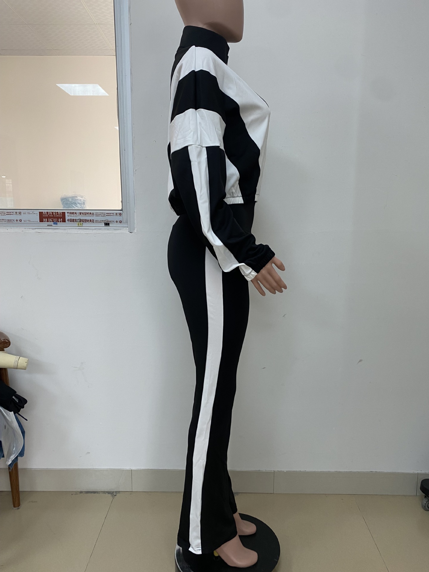 Women Zippered Turndown Collar Patchwork Zipper Top and Two-Piece Pants