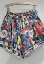 Summer Fashion Printed Distressed Wide-Leg Denim Shorts