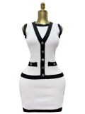 Women elegant button-down colorblock sleeveless single-breasted knitting dress