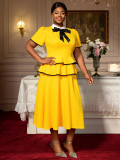 Plus-Size Women Evening Gown with a Playful Short-Sleeved Layered Ruffled Dinner Party Dress