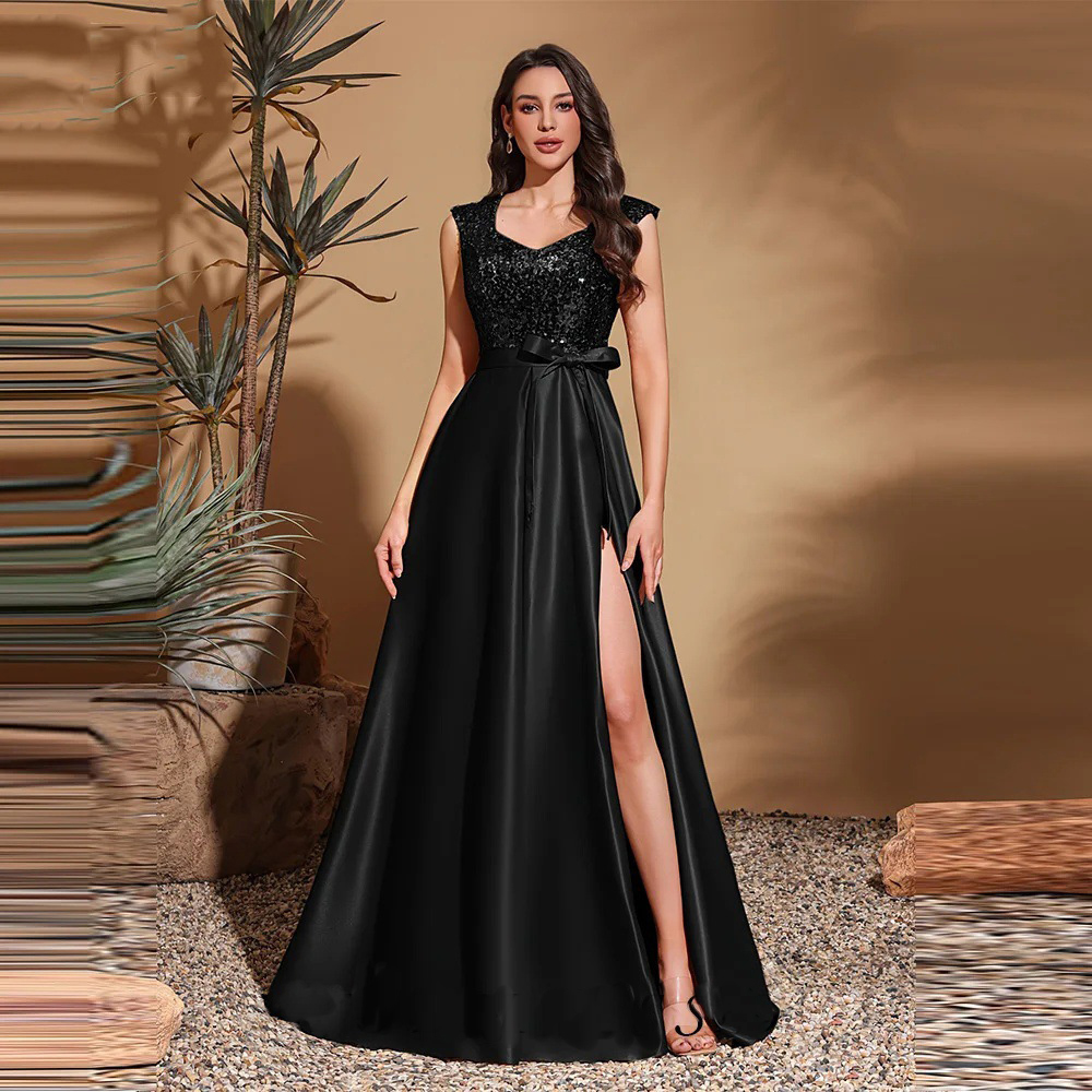 Women Elegant Black Sequined V-Neck Party Mermaid Bridesmaid Evening Dress(Processing time need 3-6 days)
