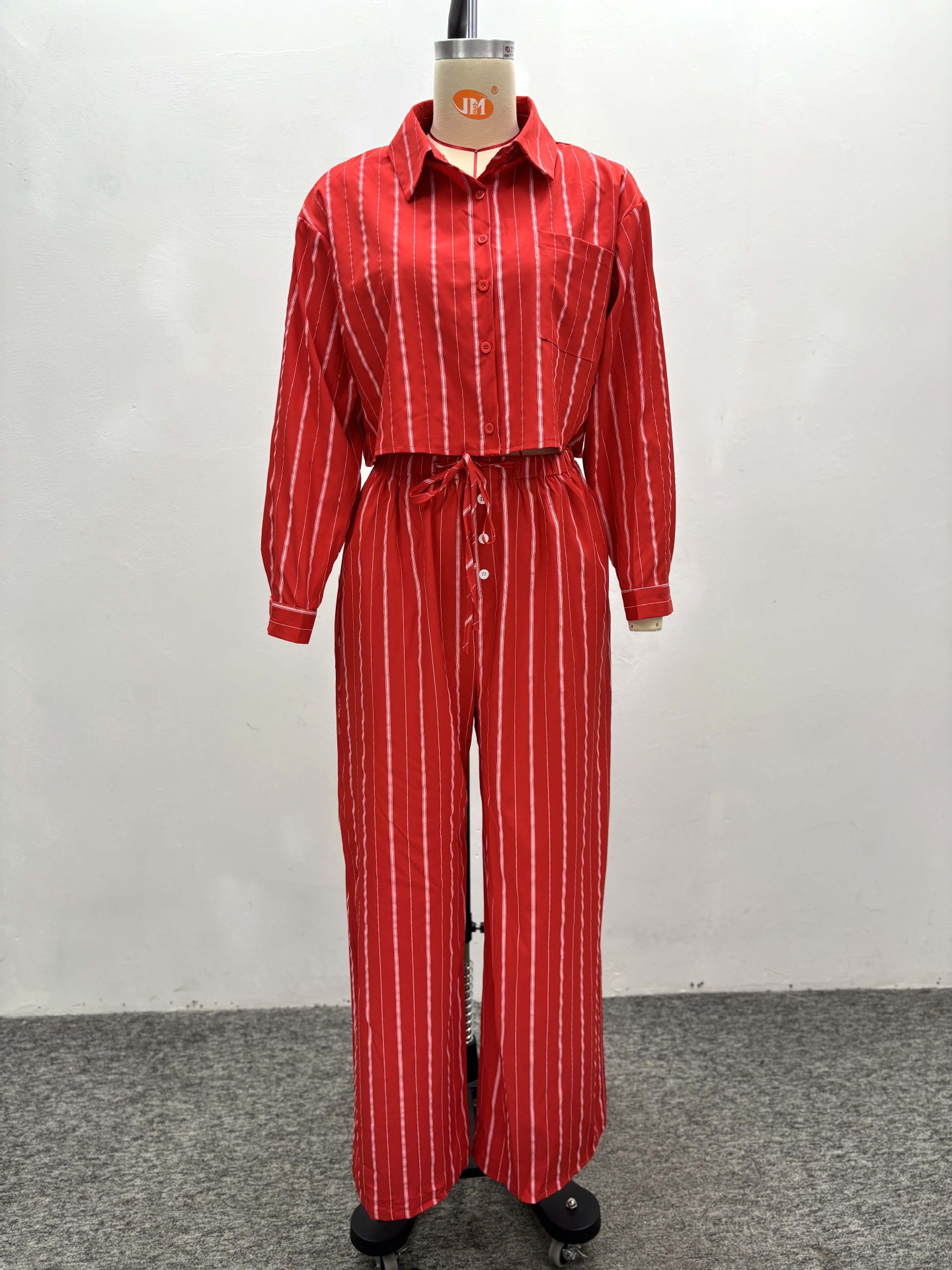 Red Striped Long-Sleeve Shirt & High-Waist Wide-Leg Pants Set African Women's Fashion Trendy Casual Outfit