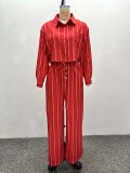 Red Striped Long-Sleeve Shirt & High-Waist Wide-Leg Pants Set African Women's Fashion Trendy Casual Outfit