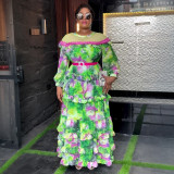 Plus-size African Women ruffled print beaded belt dress