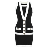 Women elegant button-down colorblock sleeveless single-breasted knitting dress