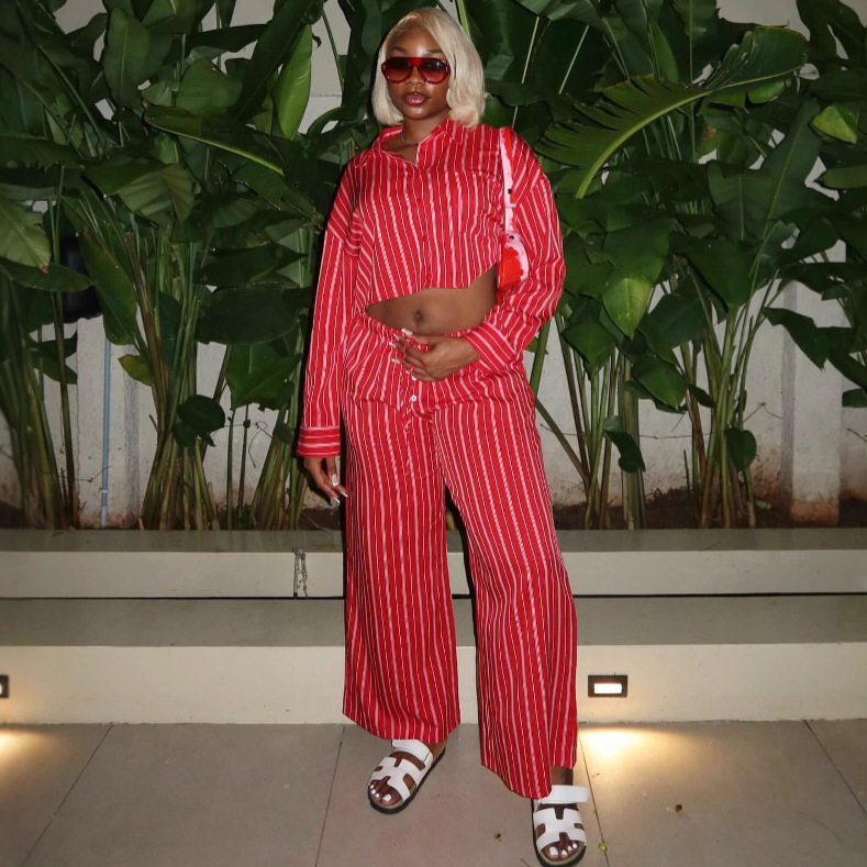 Red Striped Long-Sleeve Shirt & High-Waist Wide-Leg Pants Set African Women's Fashion Trendy Casual Outfit