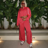Red Striped Long-Sleeve Shirt & High-Waist Wide-Leg Pants Set African Women's Fashion Trendy Casual Outfit