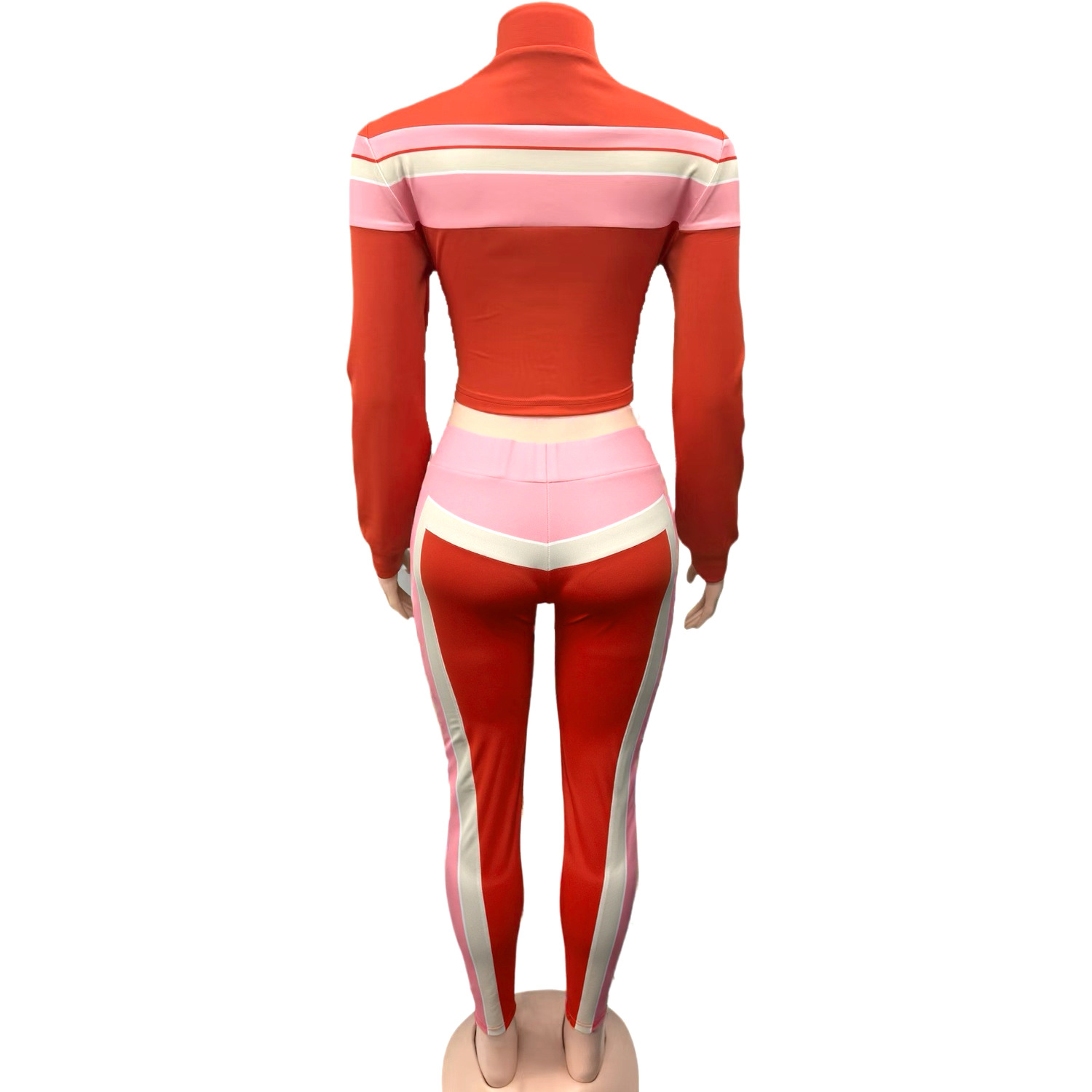 Street Style Color-Block Patchwork Zip-Up Top & Casual Pants Set