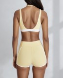 Women yoga V-neck contrasting tank bra and shorts two-piece set