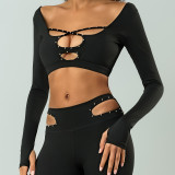 Women Fitness Long-Sleeved Padded Stretch Quick-Dry Beaded Running Top