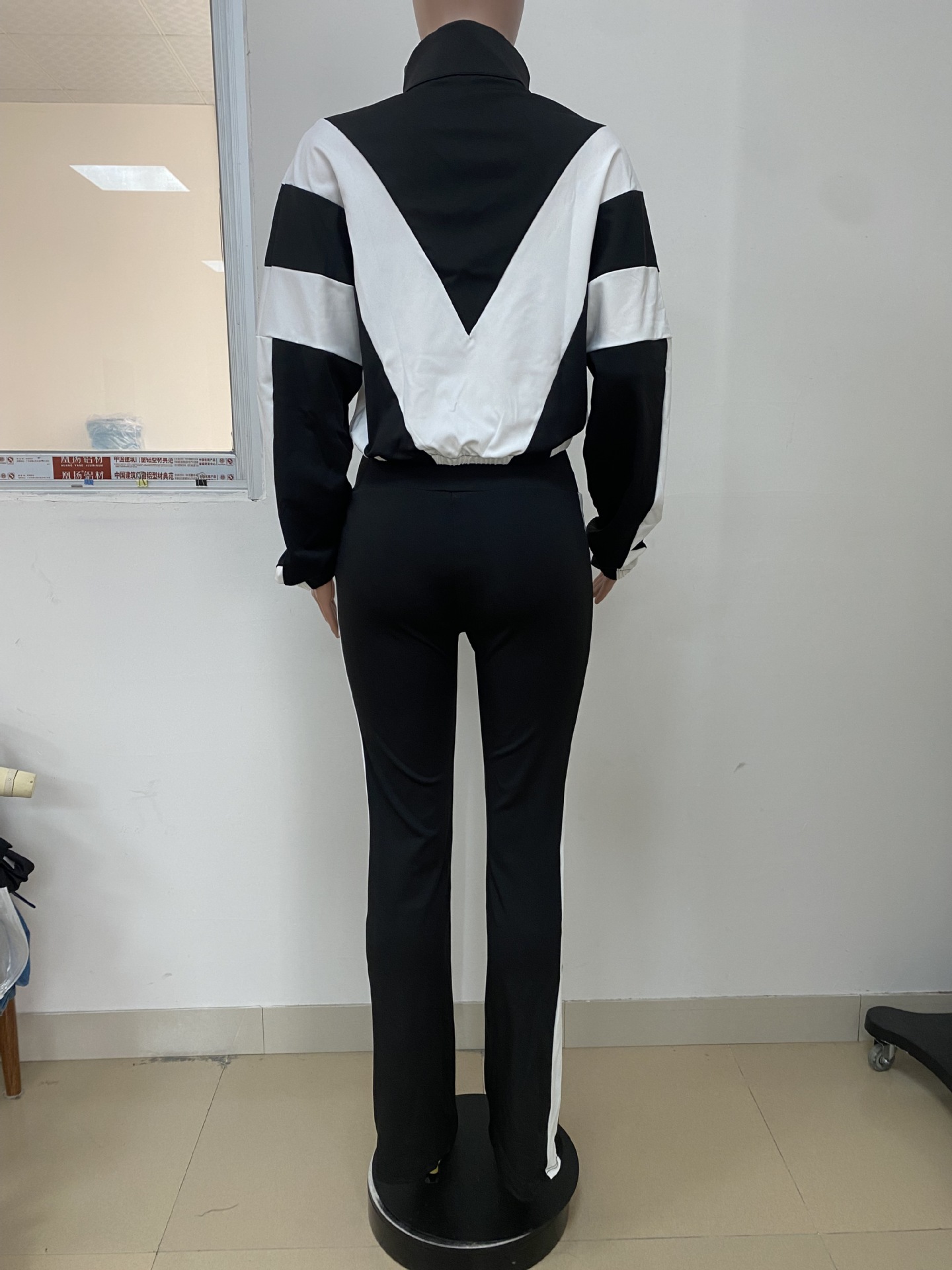 Women Zippered Turndown Collar Patchwork Zipper Top and Two-Piece Pants