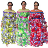 Plus-size African Women ruffled print beaded belt dress