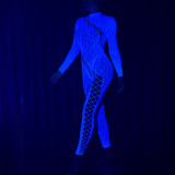 Women Sexy Hollow Luminous Blue Leopard Print Hollow Bodysuit with Fishnet Stockings and Lingerie