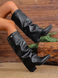 Pleated Heeled Boots Autumn Chunky Heel Knee-High Boots