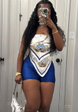 Street Fashion Strapless Print Crop Top & Solid Color Shorts Set