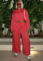 Red Striped Long-Sleeve Shirt & High-Waist Wide-Leg Pants Set African Women's Fashion Trendy Casual Outfit Red Striped Long-Sleeve Shirt & High-Waist Wide-Leg Pants Set African Women's Fashion Trendy Casual Outfit