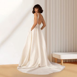 Women French White Satin Wedding Dress with Sexy Strapless Backless Dress（Processing time need 3-6 days）