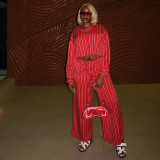 Red Striped Long-Sleeve Shirt & High-Waist Wide-Leg Pants Set African Women's Fashion Trendy Casual Outfit
