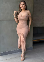 Women Sexy Solid Slip Dress with a Ruffle Slit