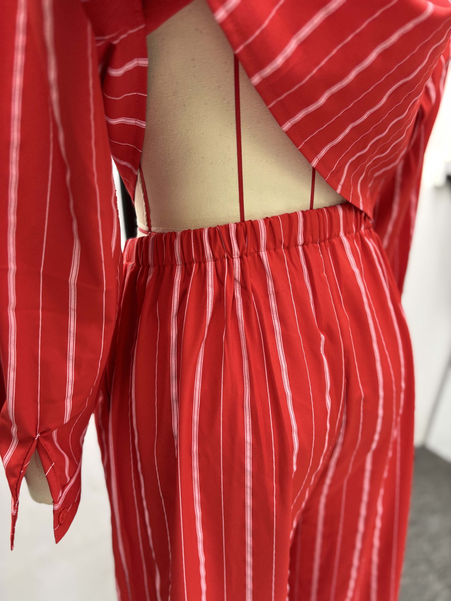Red Striped Long-Sleeve Shirt & High-Waist Wide-Leg Pants Set African Women's Fashion Trendy Casual Outfit