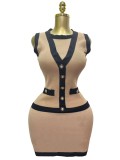 Women elegant button-down colorblock sleeveless single-breasted knitting dress