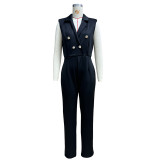 Summer Chic Solid Color Turndown Collar Sleeveless Jumpsuit Slim Fit Stylish Outfit