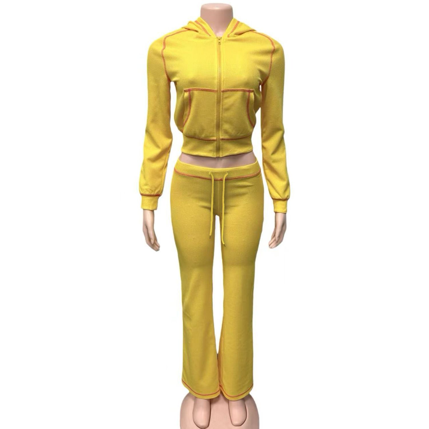 Women Casual Zippered Hooded Top and Bell Bottom Pants Two-Piece Set