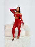 Women Solid Rhinestone Off-Shoulder Long-Sleeve Cropped Top and Pants Two-Piece Set