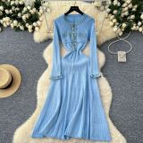 Women Fall/Winter Round Neck Denim Patchwork Long-Sleeved Knitting Dress
