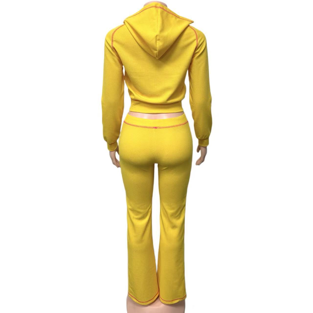 Women Casual Zippered Hooded Top and Bell Bottom Pants Two-Piece Set