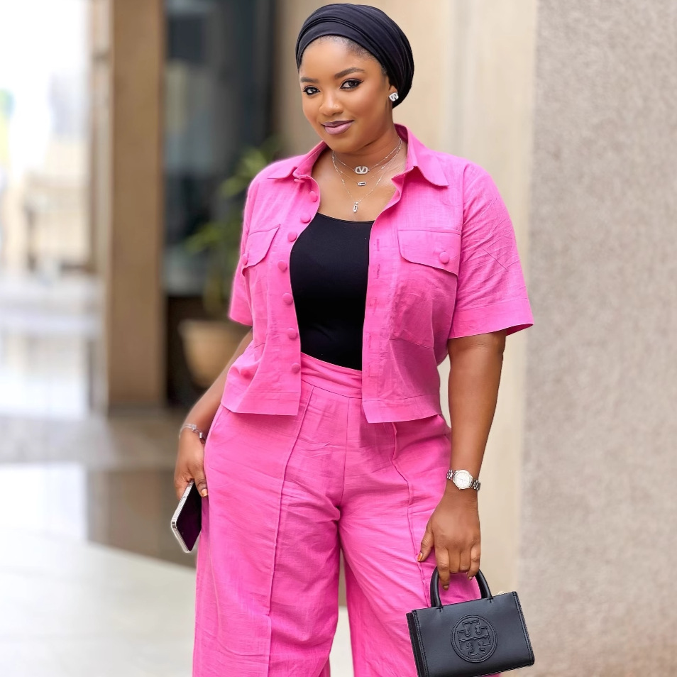 African Women career solid short-sleeved shirt with wide-leg pants two-piece set