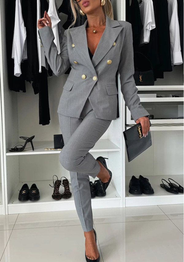 Women Elegant Professional Double-Breasted Blazer and Pants Two-Piece Set