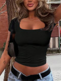 Women Summer U-Neck Crop Top Short-Sleeved T-Shirt