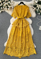 Women French-Style Short-Sleeved Openwork Lace Dress Women French-Style Short-Sleeved Openwork Lace Dress