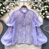 Women Stand Collar Lantern Sleeve Embroidered Openwork Lace Crop Top