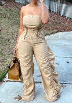 Women solid drawstring pleated top and pants two-piece set