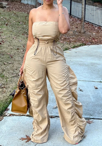 Women solid drawstring pleated top and pants two-piece set