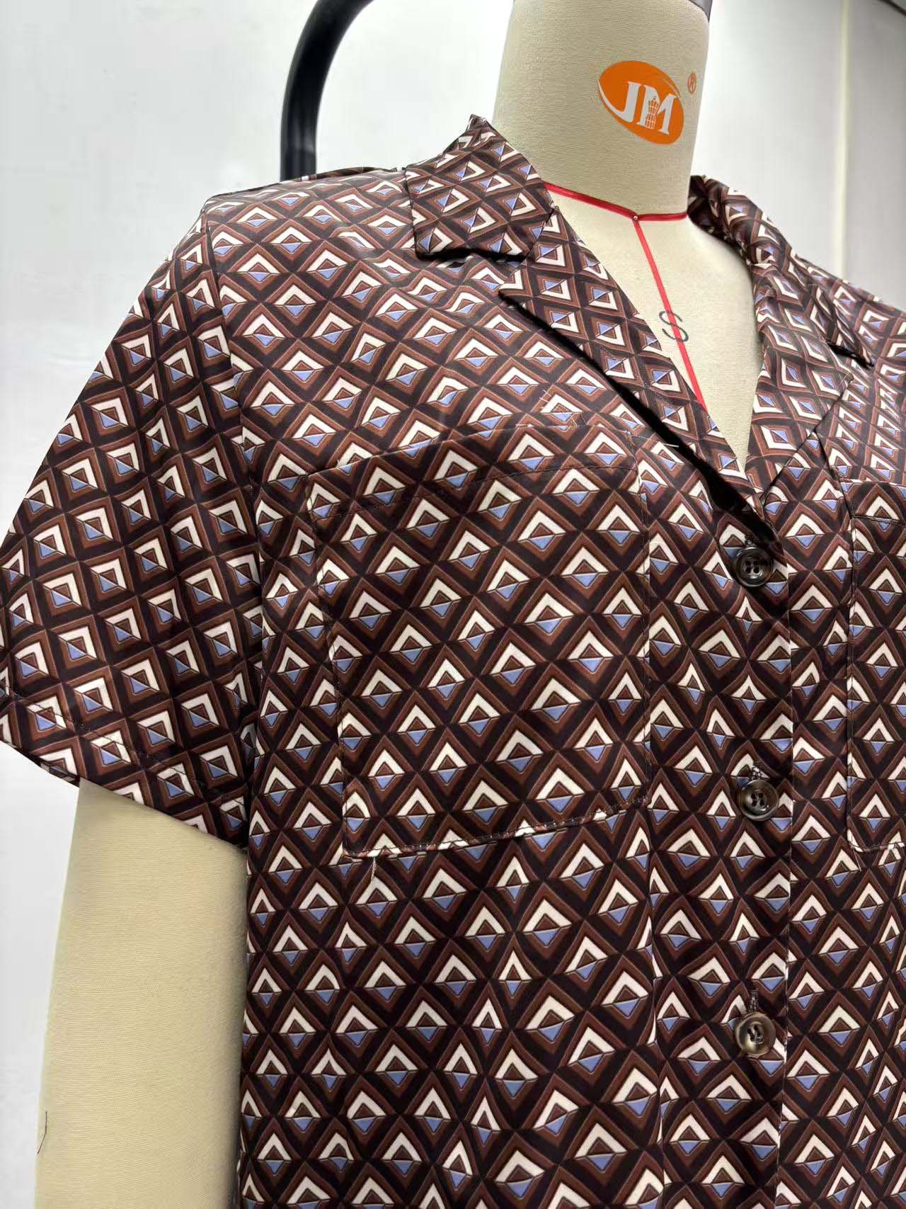 Women houndstooth short-sleeved turndown collar shirt and two-piece pants set