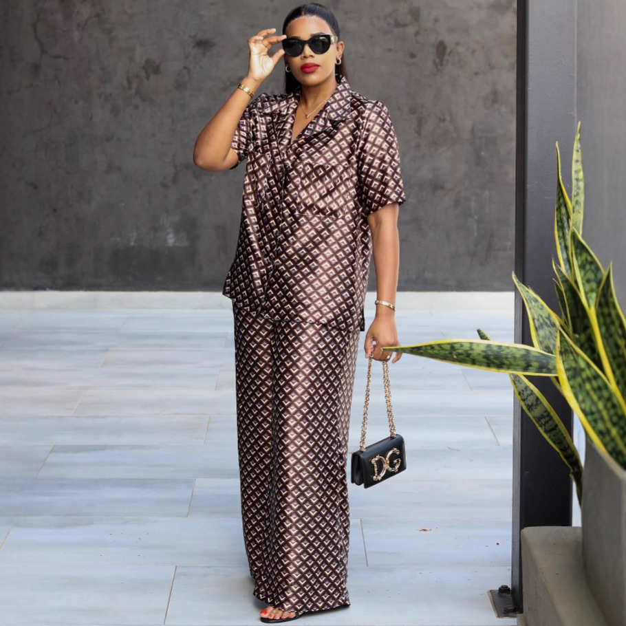 Women houndstooth short-sleeved turndown collar shirt and two-piece pants set