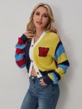 Women Casual Multi-Color Letter Sweater Stripe Contrast Button Long-Sleeved Cropped Jacket